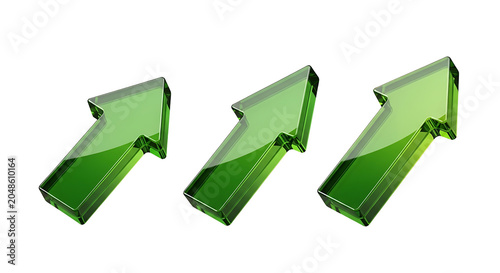 Three green glass arrows pointing diagonally upwards, rendered in 3D with a transparent background.