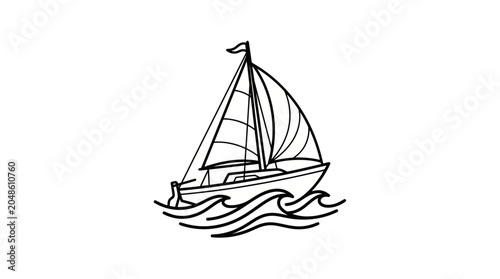 Slika na platnu Hand-drawn sailboat illustration on water waves, simple line art, nautical theme