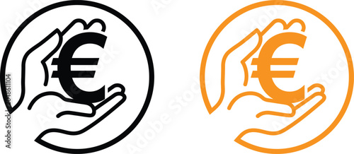 Two icons of hands holding a euro currency sign in black and orange outline style