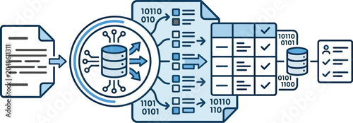 A detailed infographic illustrating the process of data migration and integration with binary code