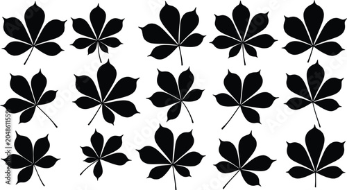 Schilderij op canvas Black Silhouette Chestnut Horse Chestnut Palmate Compound Leaf Autumn Botanical