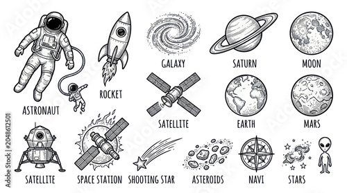 Photos Space Exploration Icons: Astronauts, Planets, Rockets, Galaxy, Aliens