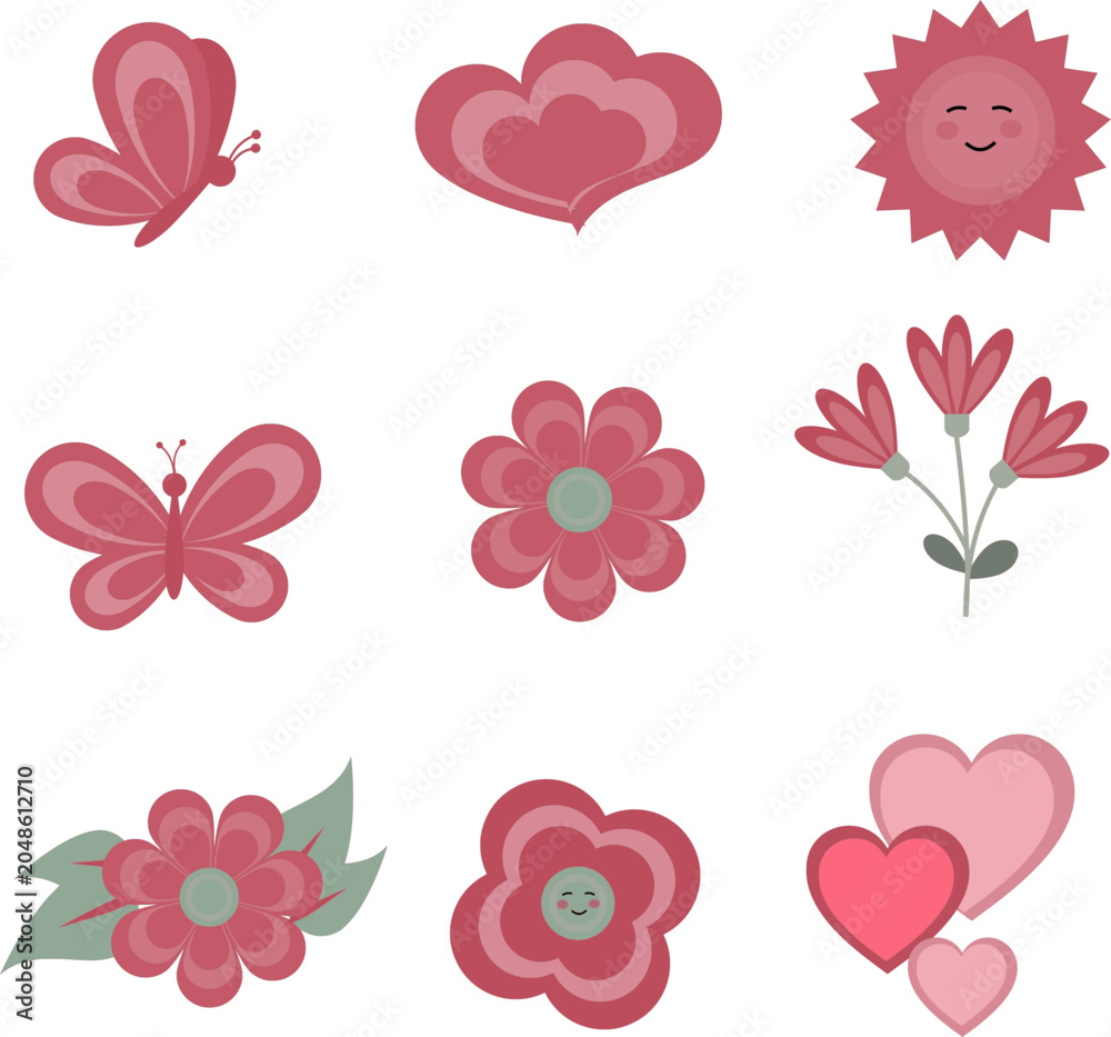 Obraz premium Retro Groovy Pink Floral and Heart Icons Vector Set