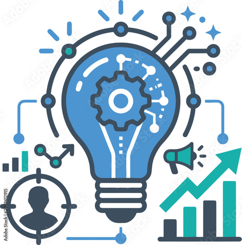 A creative illustration of a lightbulb with gears and graphs representing innovative ideas and business growth