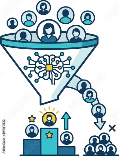 A funnel illustration with people icons and a bar graph, representing marketing and business strategy