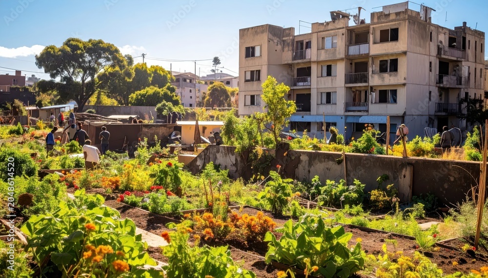 Obraz premium Flourishing community garden in urban setting with apartment buildings and blooming plants