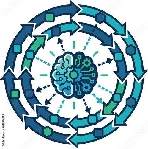 A vibrant illustration of a brain surrounded by a circular flow of arrows and gears