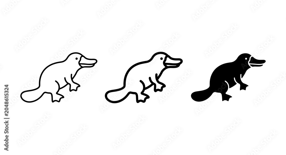 Fototapeta premium Platypus Icons Set, Simple Outline & Solid Vector Graphics, Australian Wildlife Art