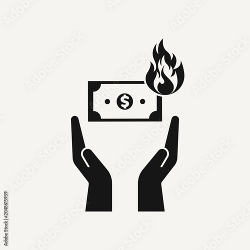 Burning money concept vector illustration featuring hands holding a banknote with flames
