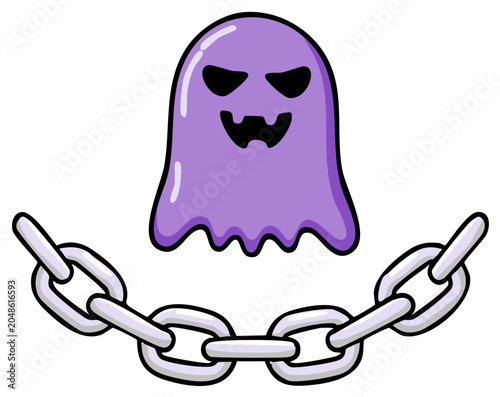 Cartoonish purple ghost and steel chains Halloween decoration on white. Whimsical vector illustration with spooky face and metal accessory.