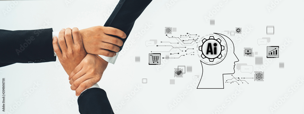 Obraz premium Diverse hands signify cooperation and partnership in a professional setting, showcasing the interplay between human effort and artificial intelligence with an illustrative concept. Trope