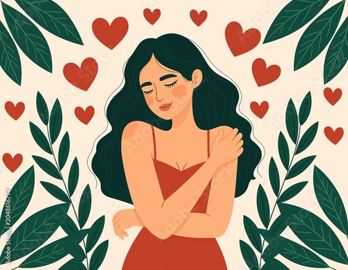 A woman hugs herself by the shoulders. Self-care.