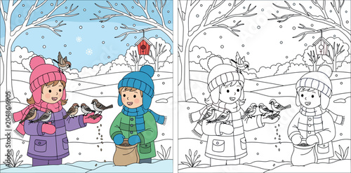 Fotografija Happy Cartoon Children Feeding Birds in a Snowy Winter Forest with Birdhouse