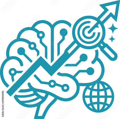 A stylized illustration of a brain with a target and arrow symbolizing focus and achievement in business and technology