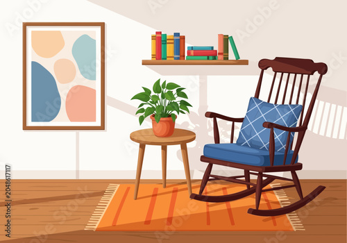 Cozy reading corner with rocking chair and potted plant