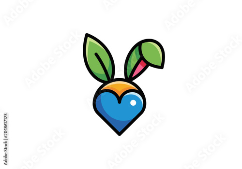 A stylized heartshaped vegetable character with green leaves as rabbit ears