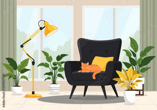 Cozy living room interior with a cat sleeping on an armchair