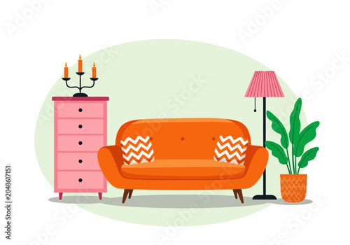 Cozy living room interior with orange sofa, pink chest of drawers, floor lamp and houseplant