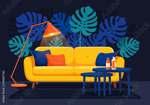 Modern living room interior with a bright yellow sofa, floor lamp, and tropical monstera leaf wall art decor in a flat vector illustration style
