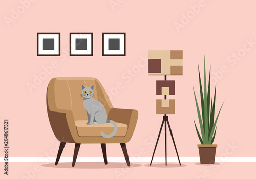 Cozy living room interior with a grey cat sitting on a modern armchair, a floor lamp, a potted plant, and wall frames