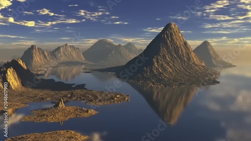 Dramatic landscape of mountain peaks reflecting in calm water under cloudy sky
