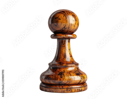 A single, polished wooden pawn chess piece stands out against a stark black background.