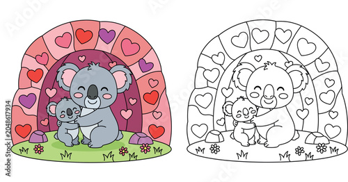 Photography Adorable Cartoon Mother and Baby Koalas Hugging Under a Heart-Filled Archway - L