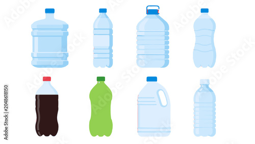 Cuadro en lienzo Set of plastic bottles and containers in flat vector style