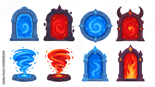 Set of fantasy magic portals and elemental vortex icons