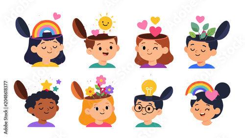 Foto Cute cartoon children with open heads and imaginative ideas