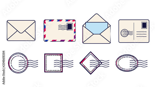 Cuadro en lienzo Set of envelope, postcard and postmark line icons