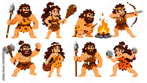 Foto Cartoon caveman and cavewoman character set with primitive tools