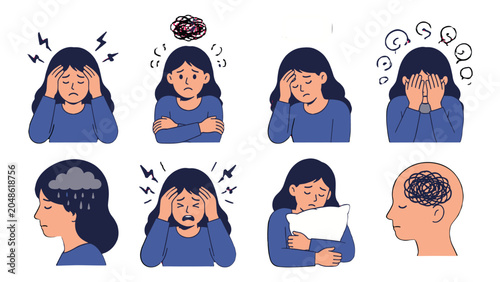 Fotografie Set of stressed woman mental health and anxiety illustrations