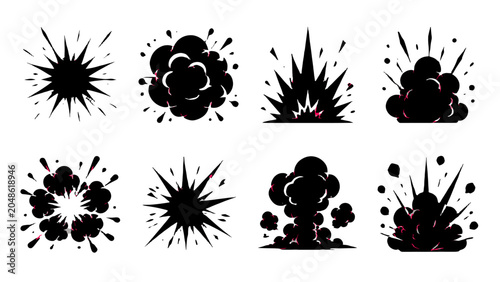 Quadro su tela Set of black comic explosion and smoke burst silhouettes