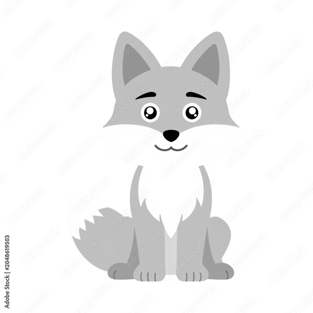Fototapeta premium Cute gray fox, cartoon animal, vector illustration, children's character, white background