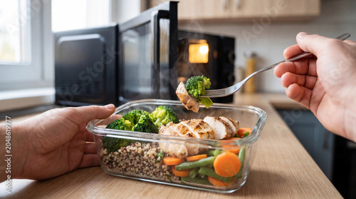 Obraz na plátně Woman eating prepared rice and vegetable meal from glass food container, healthy lunch and home food concept