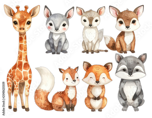 A charming watercolor illustration features a collection of cute baby forest animals in a playful arrangement against a black background.