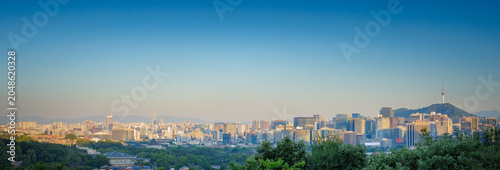Photography Panoramic view of Seoul city skyline with Namsan Seoul Tower and Gyeongbokgung P