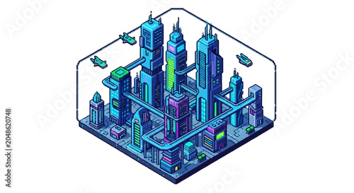 Futuristic Isometric Cityscape with Tall Buildings and Skybridges.