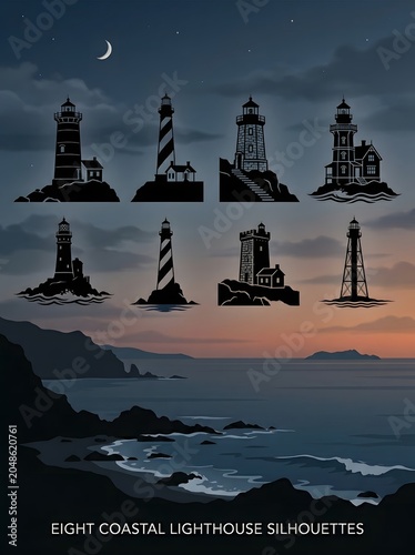 Coastal lighthouse silhouettes at dusk