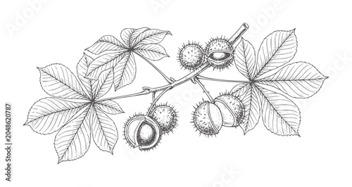 Foto Hand drawn of horse chestnut branch with spiky seed pods and leaves