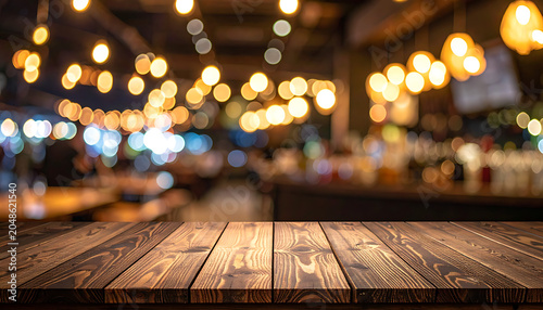 Empty wooden table in front of a blurred, warmly lit restaurant interior with bokeh lights, for product display or ambiance