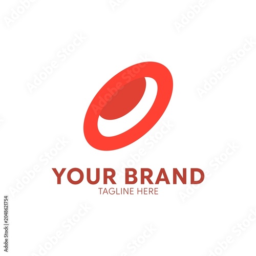 Slanted oval red logo design featuring abstract letter O emblem