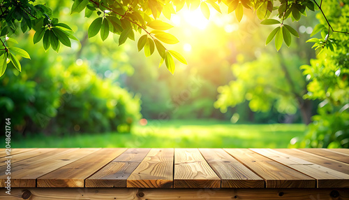 Empty wooden table surface in sunny garden with green leaves and bokeh background, ideal for product display