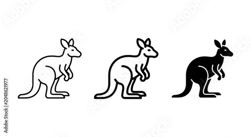 Photography Kangaroo Icons Set, Outline and Silhouette Vector Graphics, Australian Wildlife