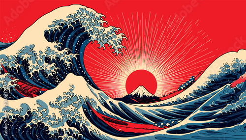 Foto Traditional Japanese Great Wave Vector Art Illustration with Mount Fuji and Red
