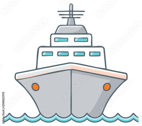 Cartoon cruise ship sailing through the ocean waves, nautical illustration.