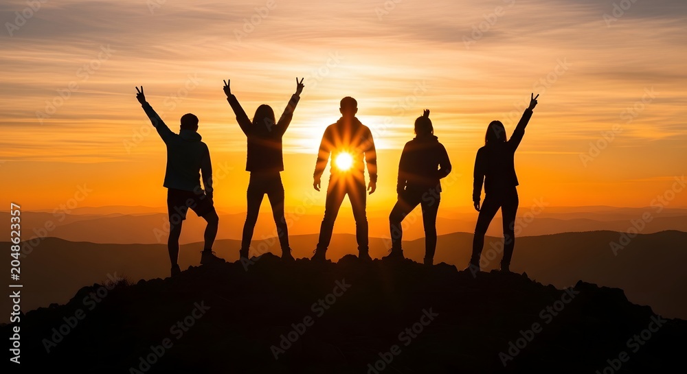 Fototapeta premium Group of people raising arms in celebration at sunset on mountain hilltop