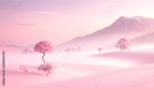 dreamy pastel landscape with pink trees and snowy hills in soft morning light, serene winter scene