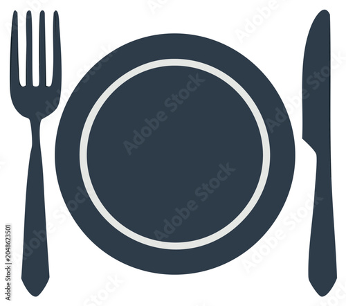Minimalist place setting icon with a dark blue plate, fork, and knife for dining and restaurant concepts